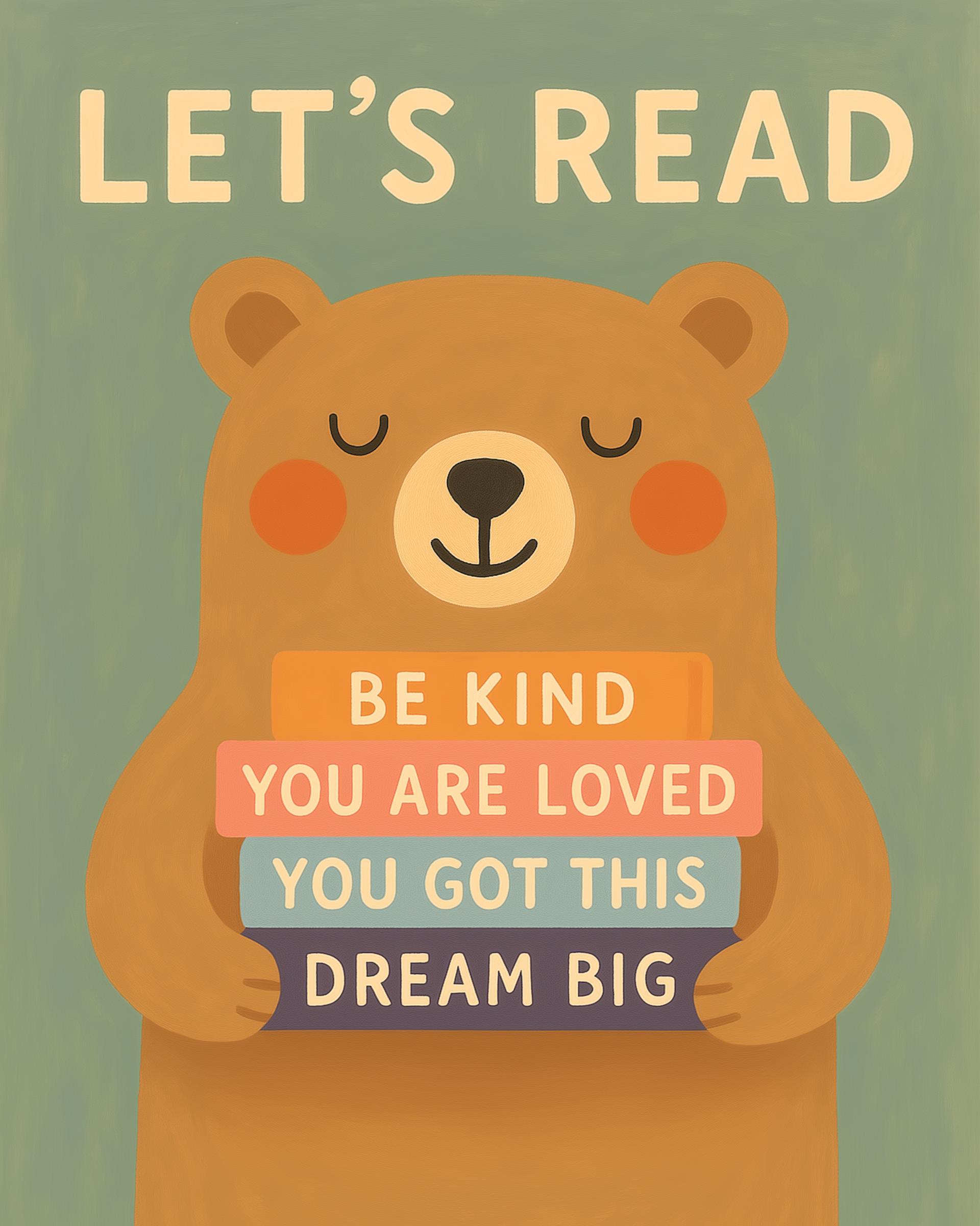 A cute bear with rosy cheeks holds a stack of books labeled “Be Kind,” “You Are Loved,” “You Got This,” and “Dream Big,” with “LET’S READ” above its head.
