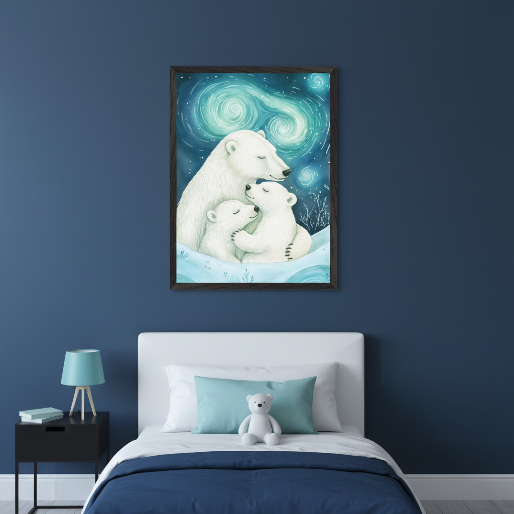 Kid's bedroom with dark blue walls. A framed illustration of a mother polar bear hugging two cubs under a starry, aurora-lit sky hangs above a white single bed with a navy duvet, light blue pillow, and white teddy bear. A black nightstand with a blue lamp is beside the bed.