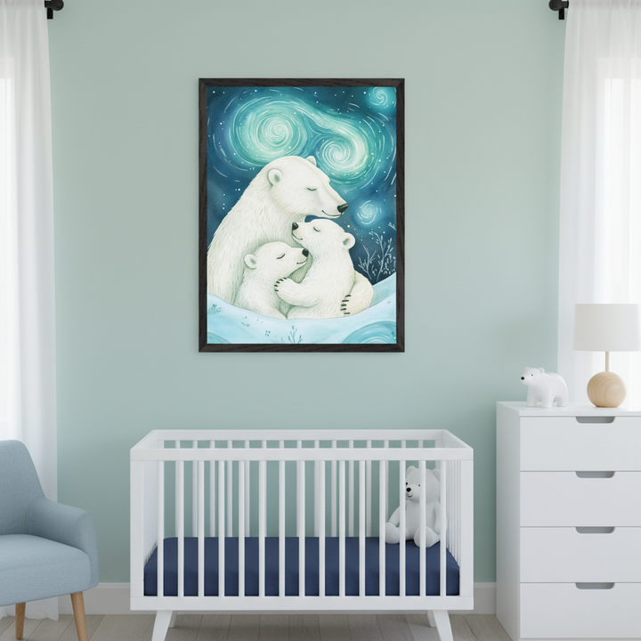 Modern nursery with light green walls. A white crib with a navy sheet sits below a framed illustration of a polar bear mother and two cubs hugging under an aurora sky. A light blue armchair is left, a white dresser with a lamp and polar bear figurine is right.