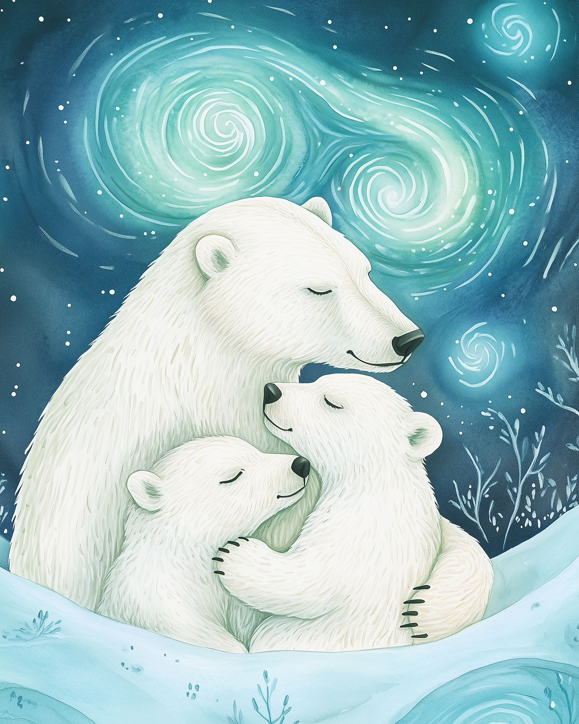  serene polar bear cuddles two sleepy cubs in a snowy landscape as luminous turquoise swirls light up the starry night sky.
