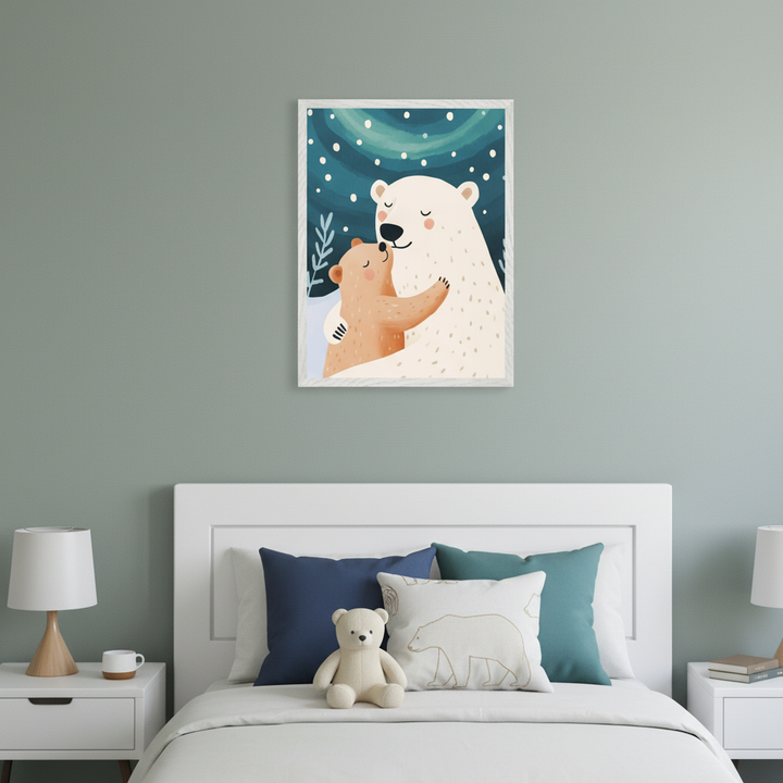 Kid's bedroom with a white bed and headboard. A framed illustration of a white mother bear hugging a brown cub under a starry night sky hangs centered above the bed.
