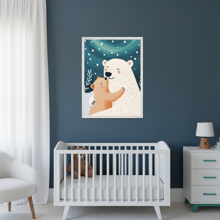 Modern nursery with dark blue walls. A framed illustration of a white polar bear hugging a brown bear under an aurora sky hangs above a white crib. To the right is a white dresser with teal accents, and to the left is a white armchair.