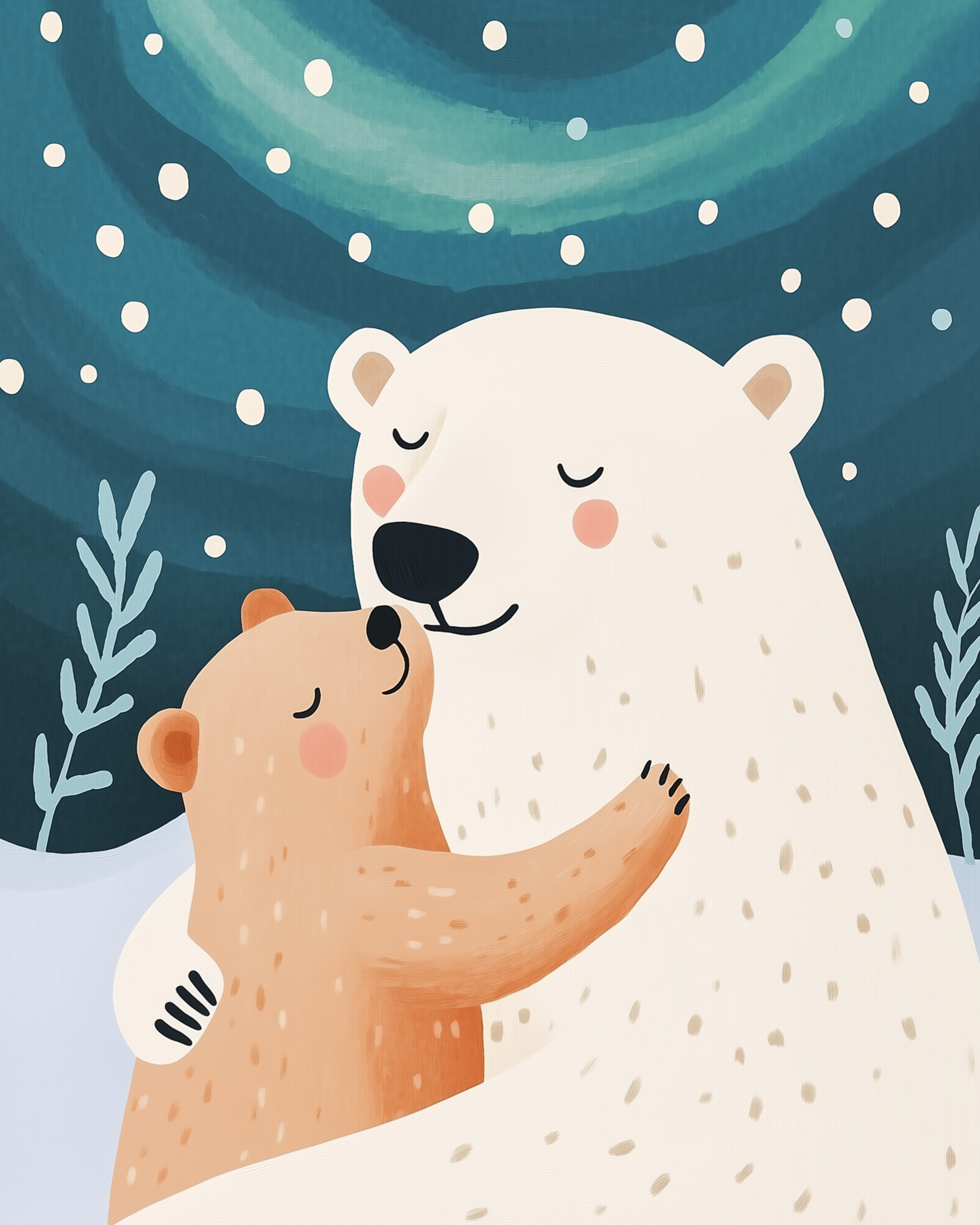 A white polar bear embraces a smaller brown bear under a starlit sky with soft snow and abstract swirling patterns in the background.