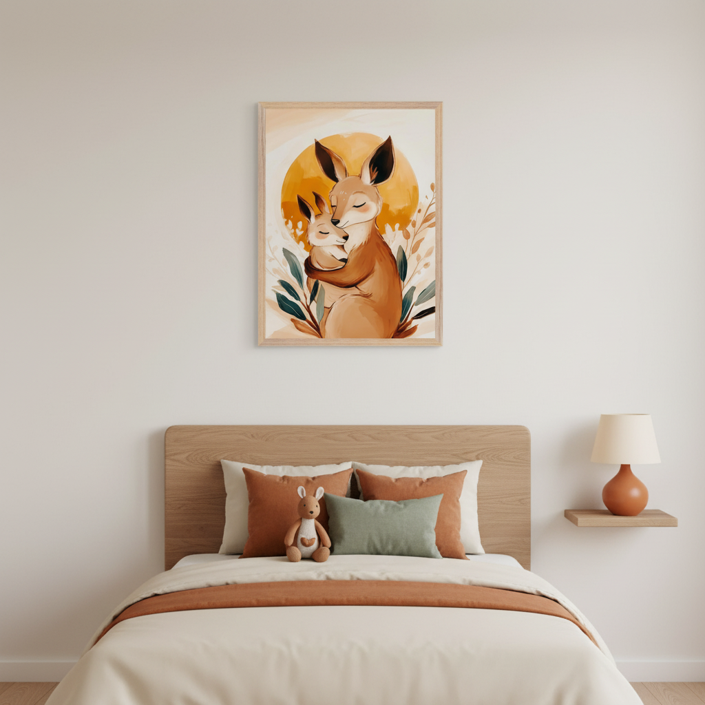 Kid's bedroom with a wooden bed and headboard. A framed watercolor painting of a mother and joey kangaroo hugging is centered above the bed. The art features warm tones with an orange sun. A kangaroo plushie is on the bed, and a lamp sits on a floating shelf.