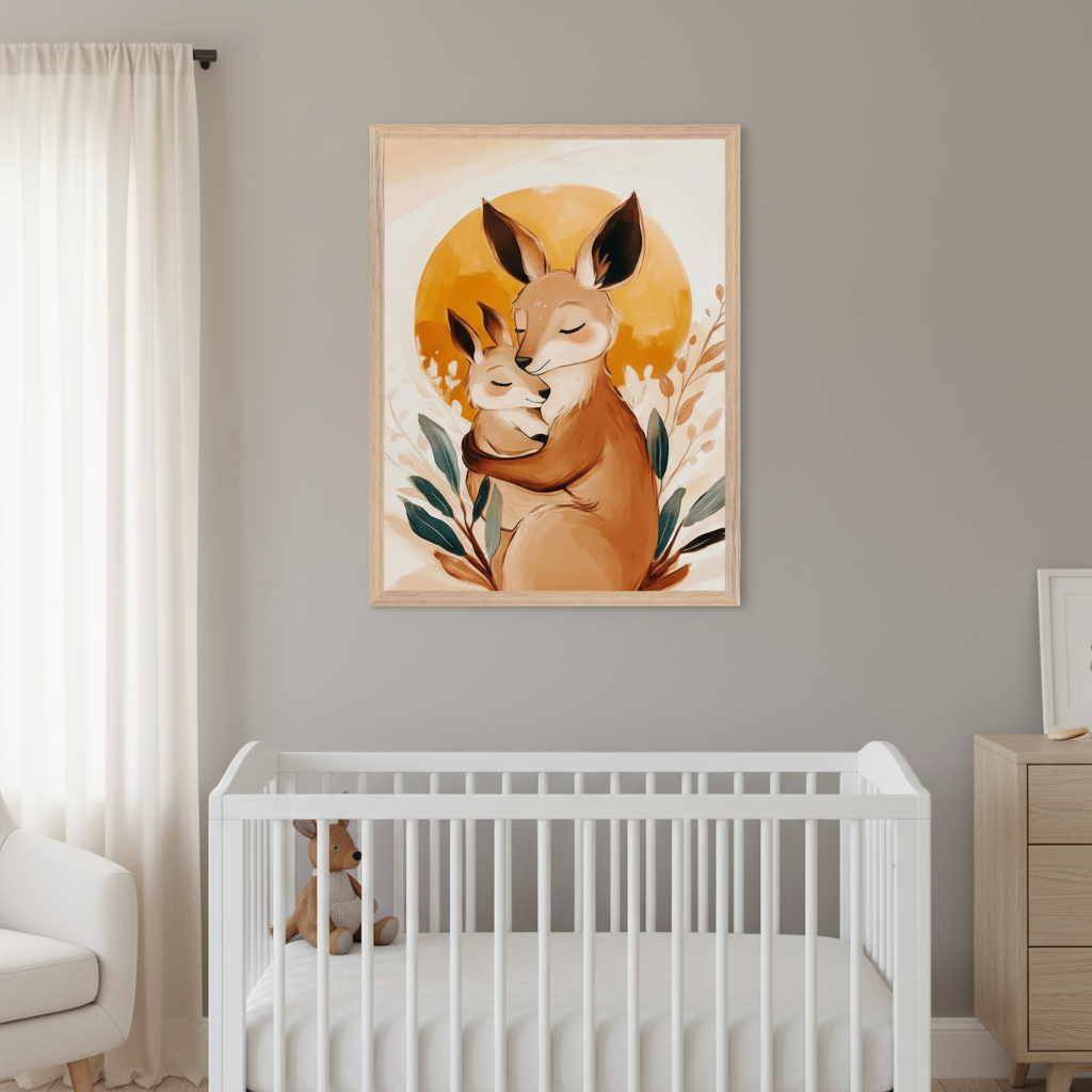 Modern nursery with a white crib and partial armchair. A framed watercolor print of a mother and joey kangaroo embracing in front of a yellow sun hangs above the crib on a gray wall. A light wood dresser is on the right.