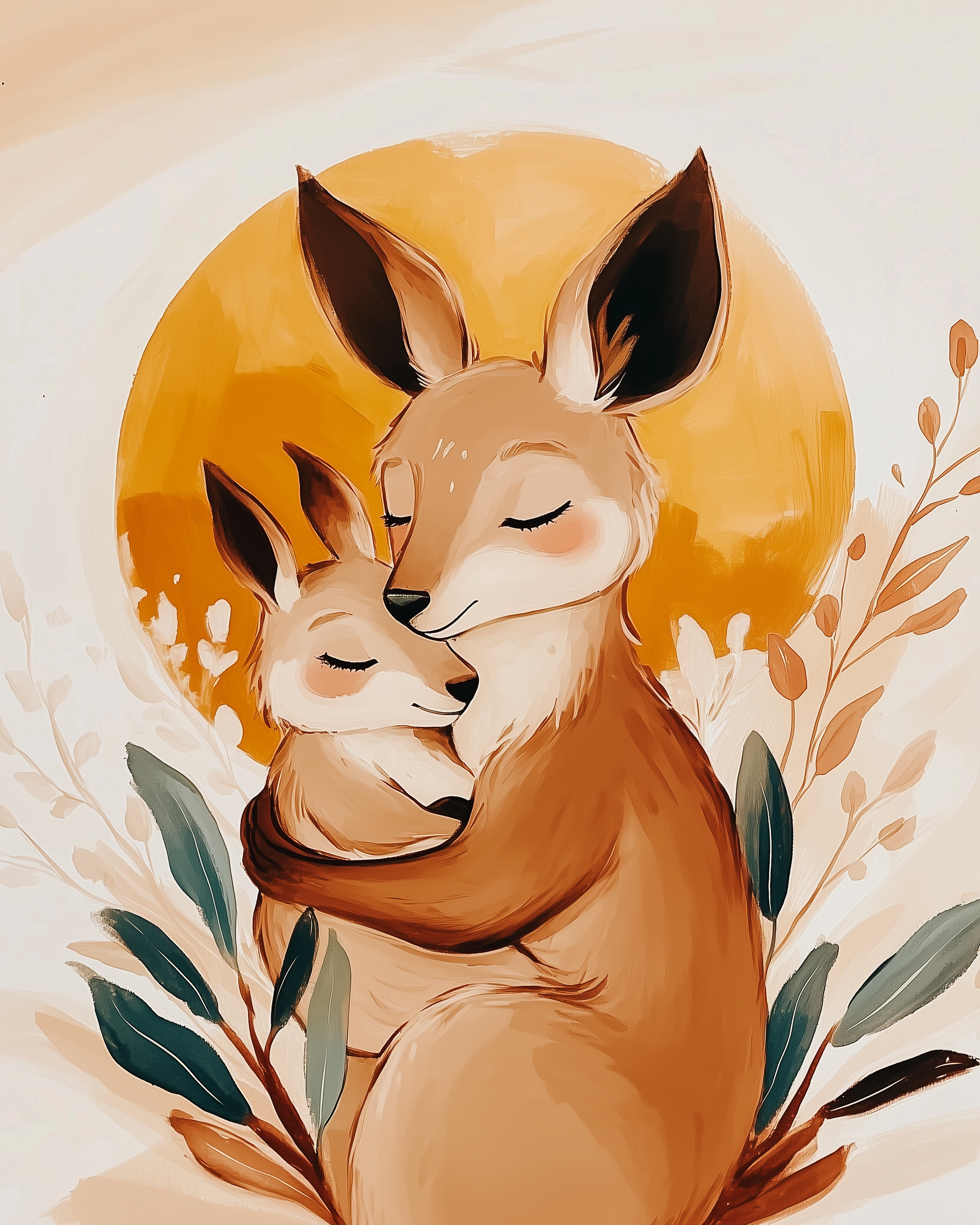 A framed illustration features a tender scene of a kangaroo hugging its joey, both with eyes closed, set against a warm golden sun and surrounded by leafy plants. The artwork hangs above a white dresser with a green vase, a wooden block with a heart cutout, and a soft basket holding plush bear and bunny toys.