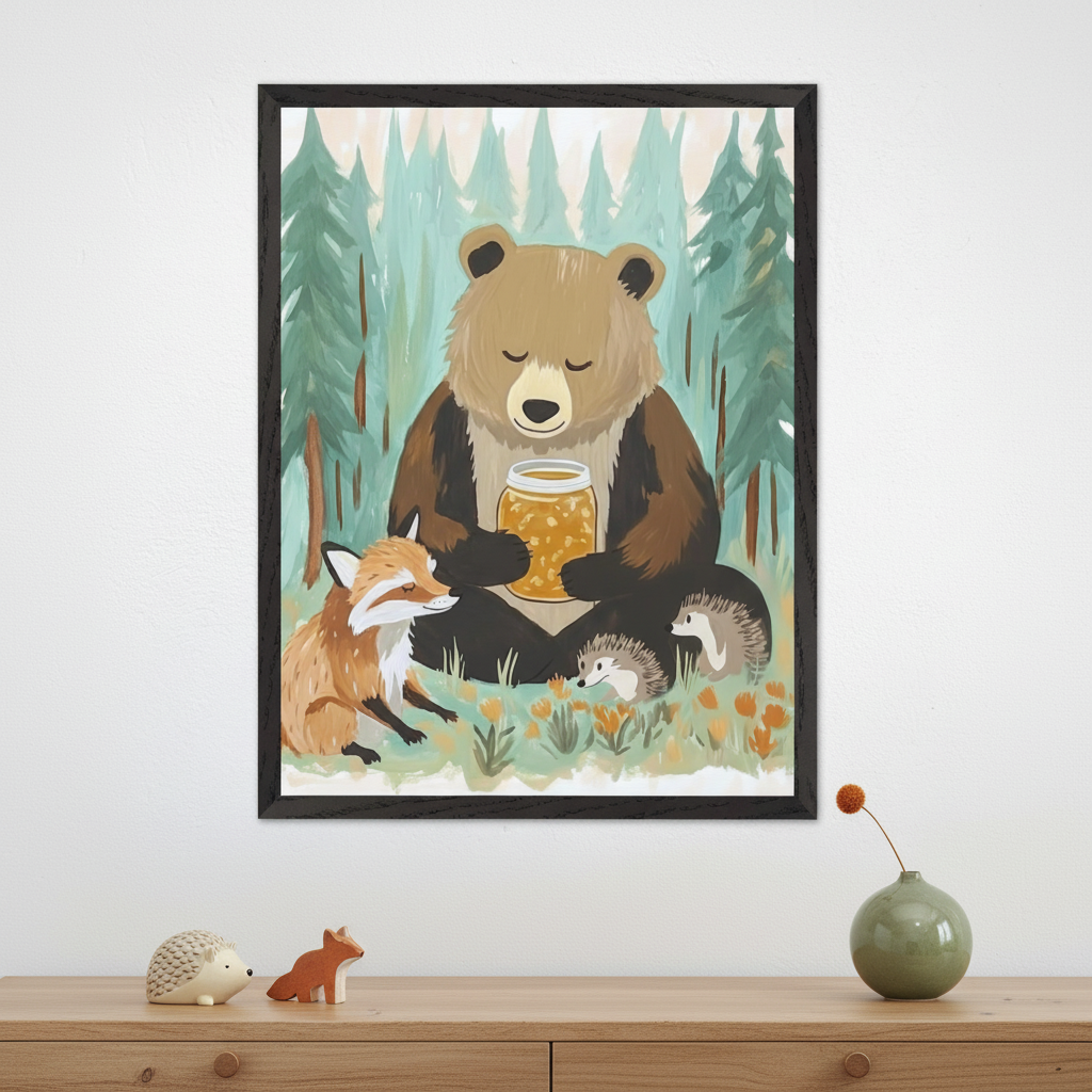 Natural modern room with a light wooden dresser. A framed illustrative painting hangs above the dresser, showing a brown bear holding a honey jar, a fox, and two hedgehogs in a forest. Wooden animal figures are on the dresser.