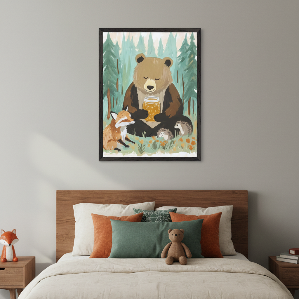 Kid's bedroom with a wooden bed. A framed illustration of a bear holding a honey jar with a fox and two hedgehogs in a green forest hangs centered above the bed.