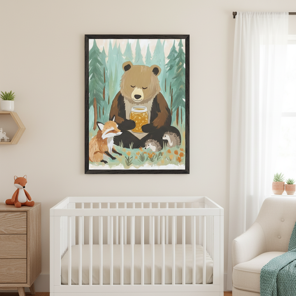 Modern nursery with a white crib and wooden dresser. A large framed print of a brown bear holding a jar of honey, with a fox and two hedgehogs in a teal forest, in a painterly style, hangs above the crib.