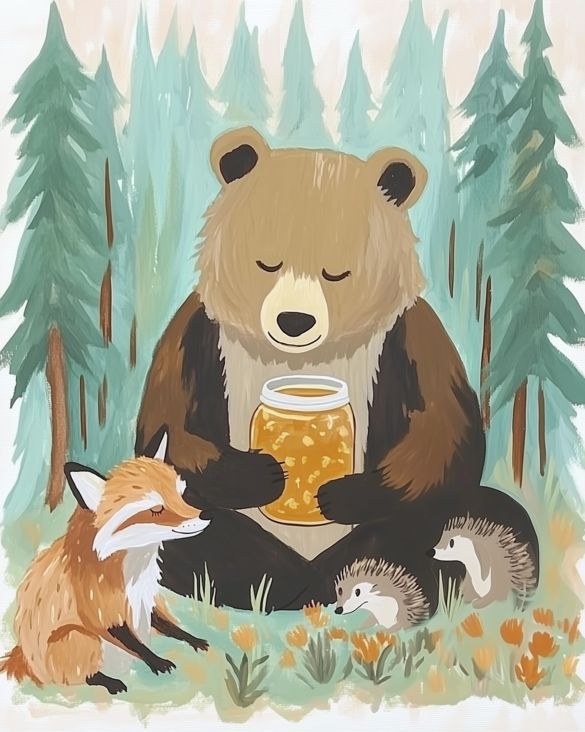 A large brown bear sits calmly with a jar of honey while a fox and two hedgehogs rest at its feet, surrounded by pine trees and orange flowers.
