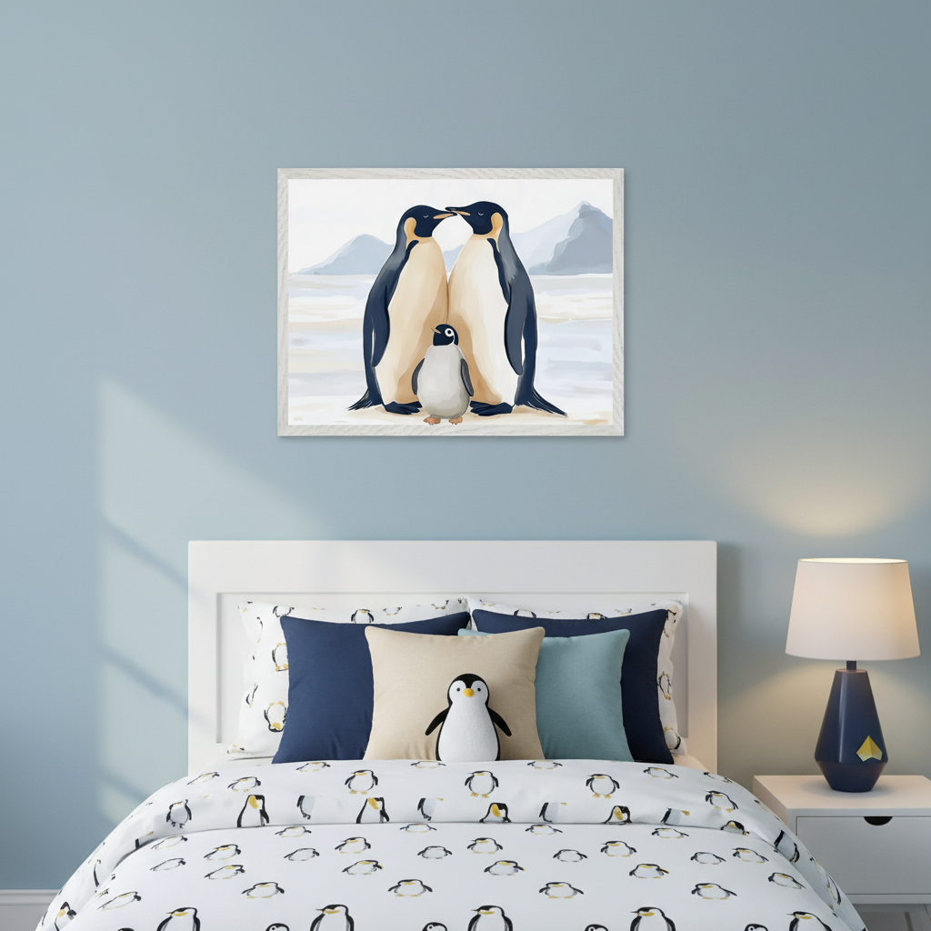 Kid's bedroom with a white bed featuring penguin-patterned bedding. A framed illustration depicting two adult penguins and a chick on ice hangs centered above the headboard. A nightstand with a lamp sits to the right of the bed.