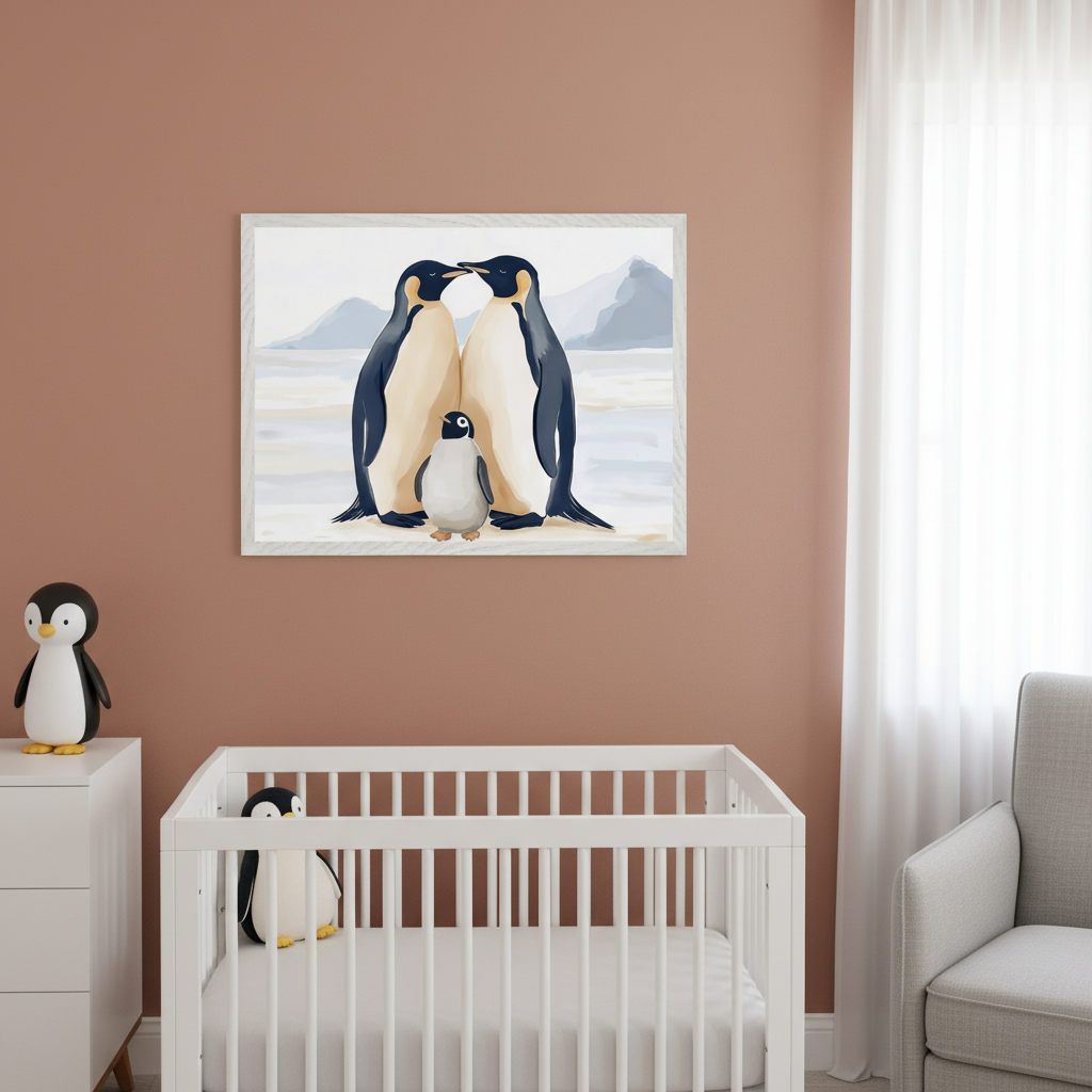 Modern nursery with a terracotta wall. A framed watercolor print depicting two adult and one baby penguin on an icy landscape hangs above a white crib and dresser. A gray armchair is also visible.