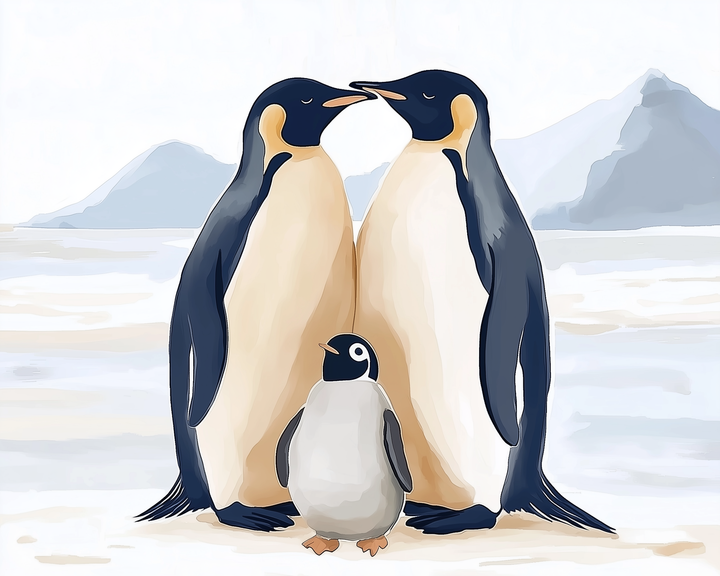 Two adult emperor penguins stand close together, their chick nestled between them, in a serene Antarctic setting with soft blue mountains behind.
