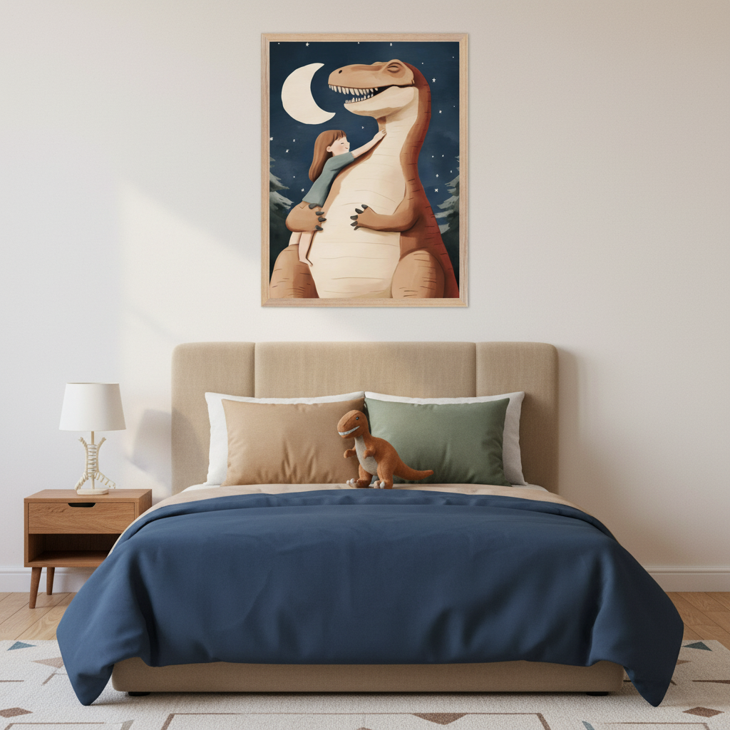 Kid's bedroom with an upholstered bed, nightstand, and lamp. A framed illustration of a girl hugging a smiling brown dinosaur under a crescent moon and stars hangs centered above the bed. A dinosaur plush toy is on the bed.