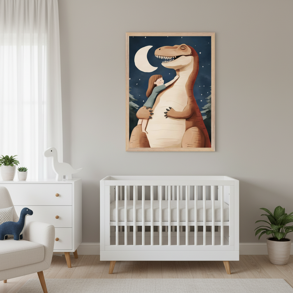 Modern nursery with a white crib, dresser, and armchair. A framed illustration of a smiling brown dinosaur with a small girl hugging its neck under a crescent moon in a starry night sky hangs above the crib.