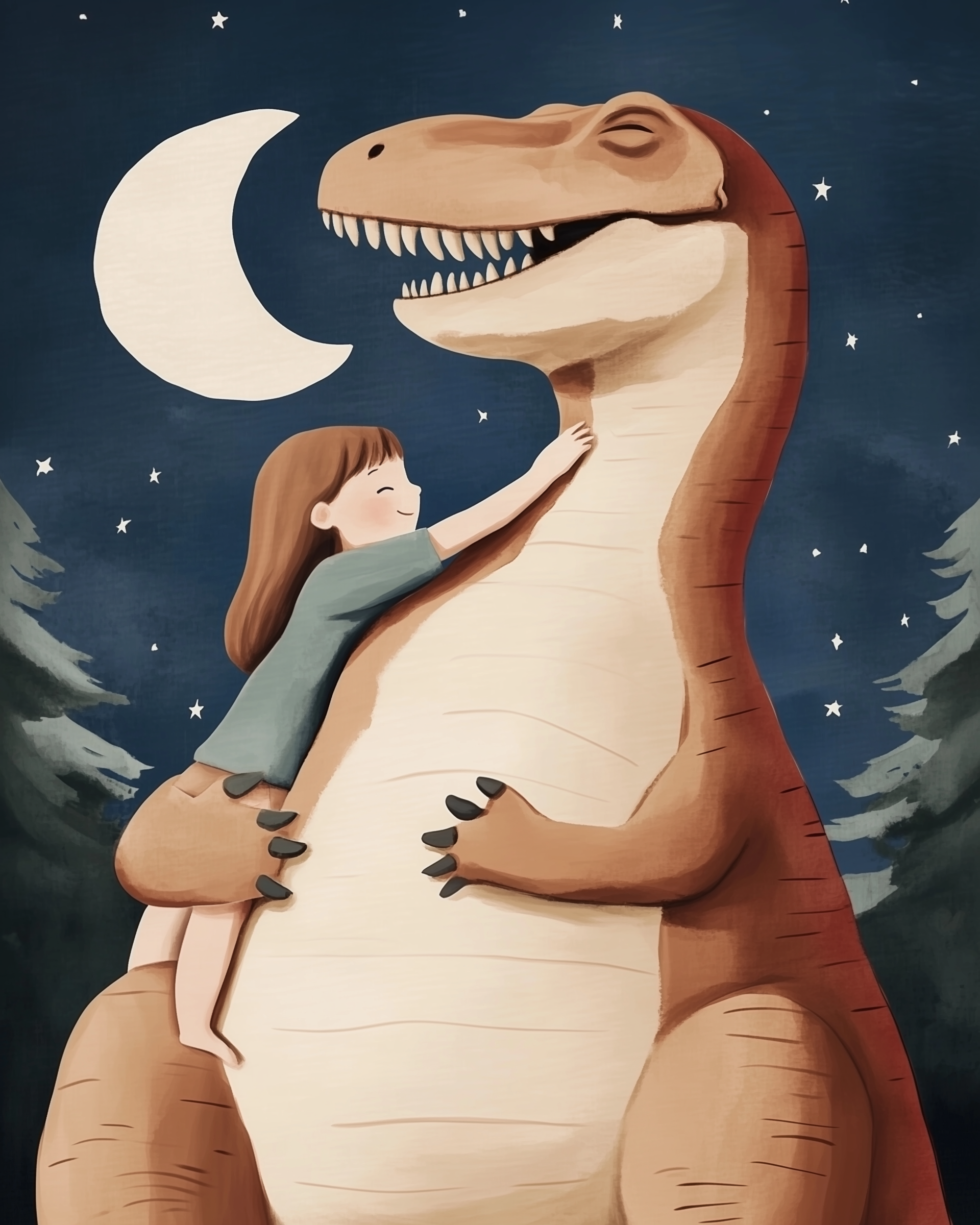 Affectionate Dinosaur Wall Art for Nursery, Playroom or Kids Bedrooms - Moonlit Hug, Dino and Child Decor - T-Rex Tuck-In