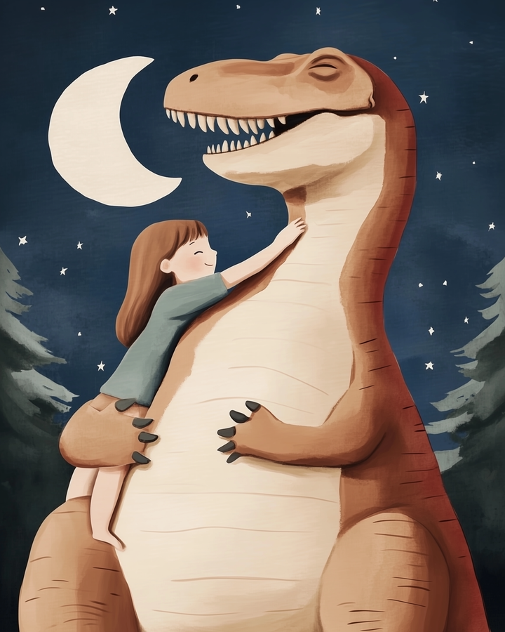 A joyful child wraps her arms around a smiling dinosaur, sharing a warm hug beneath twinkling stars and a glowing moon in a nighttime forest scene.

