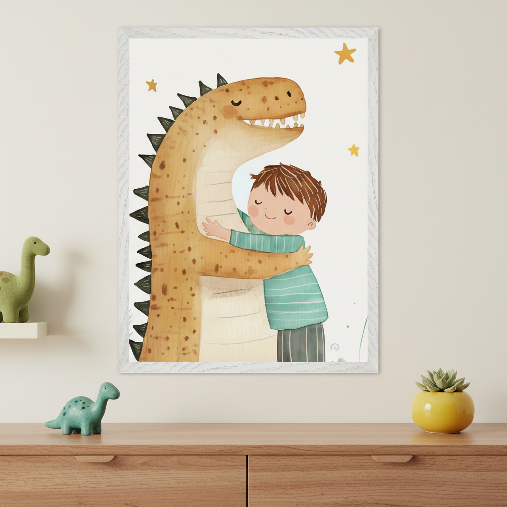 Kid's bedroom with a wooden dresser. A white-framed watercolor print of a boy hugging a smiling, orange-spotted dinosaur with yellow stars hangs above the dresser. A green stuffed dinosaur is on a shelf, and a small teal dinosaur and a succulent in a yellow pot are on the dresser.