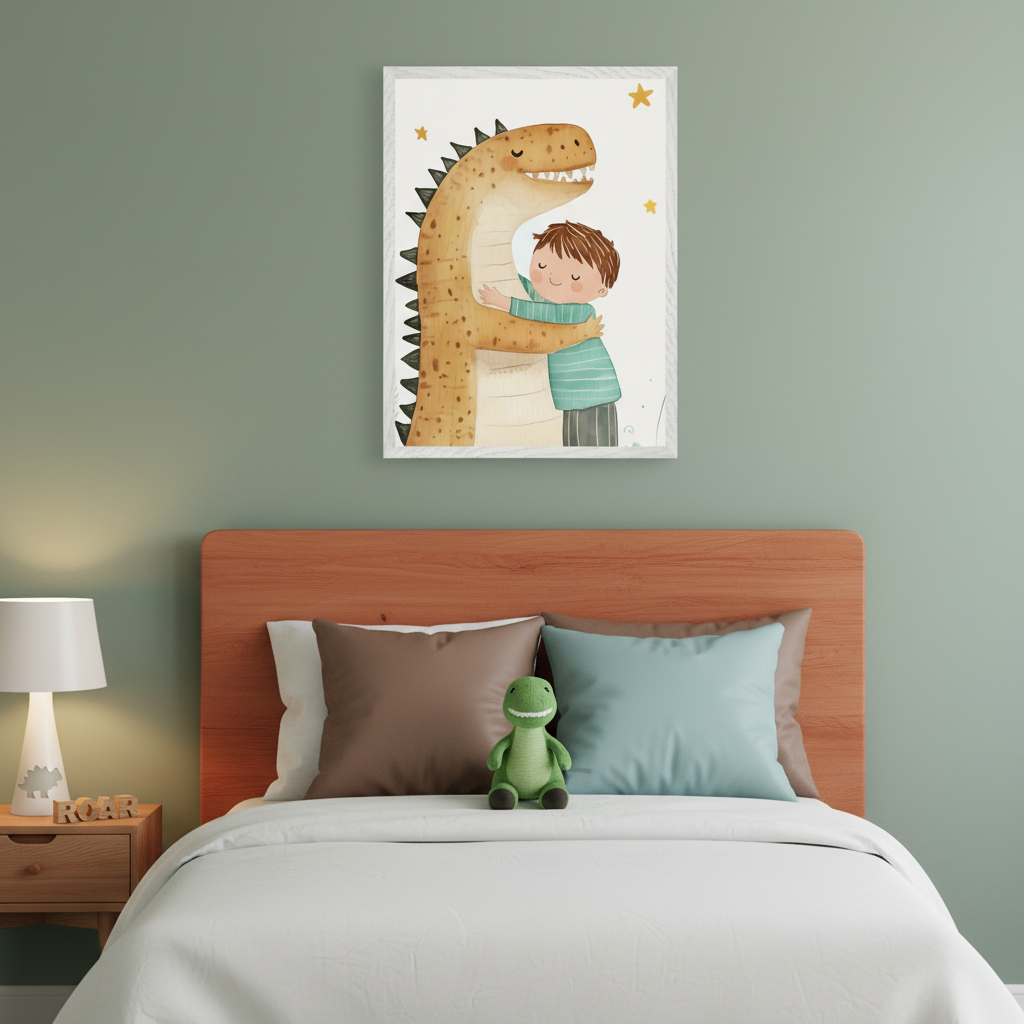 Kid's bedroom with a wooden bed and white bedding. A framed illustration in a whimsical style of a boy hugging a brown dinosaur hangs above the bed on a green wall. A green dinosaur plush is on the bed, and a dinosaur-themed lamp is on the nightstand.