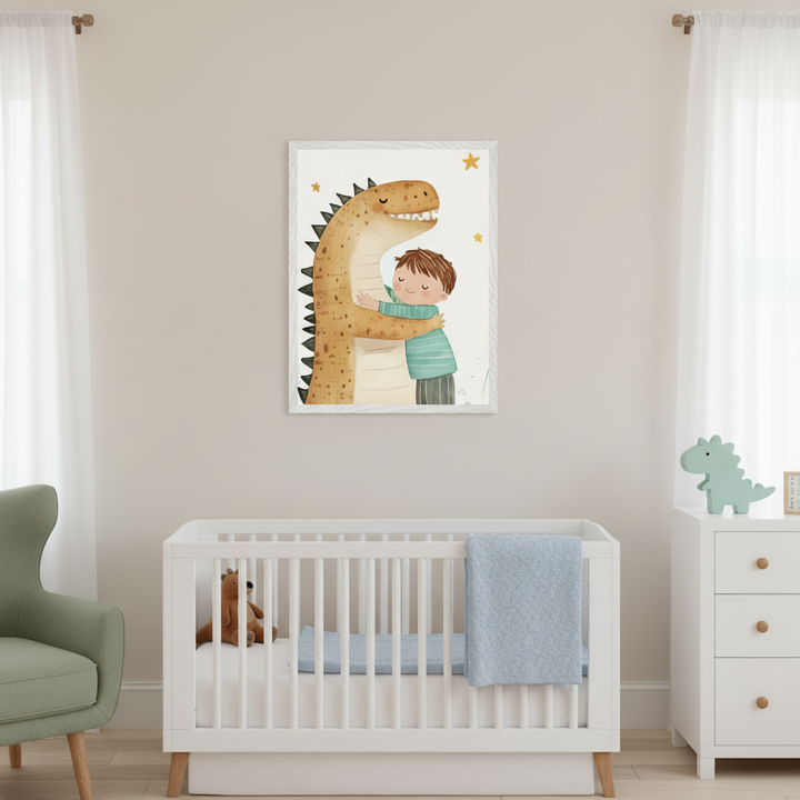 Modern nursery with a white crib, white dresser, and green armchair. A framed watercolor illustration of a boy hugging a friendly brown dinosaur, with yellow stars, hangs centered above the crib.