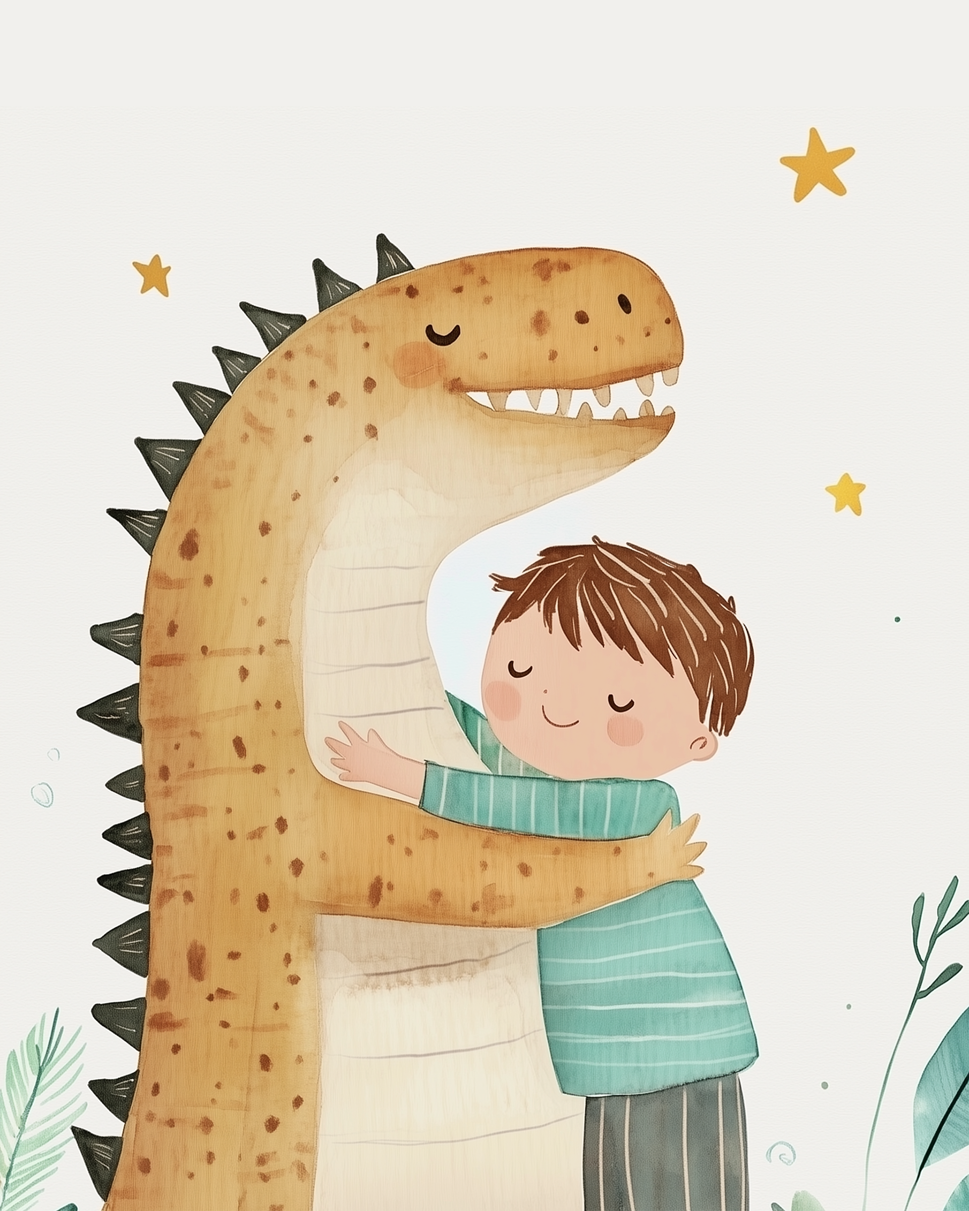 A smiling child in striped pajamas embraces a gentle dinosaur with closed eyes, surrounded by simple plant shapes and softly glowing stars.
