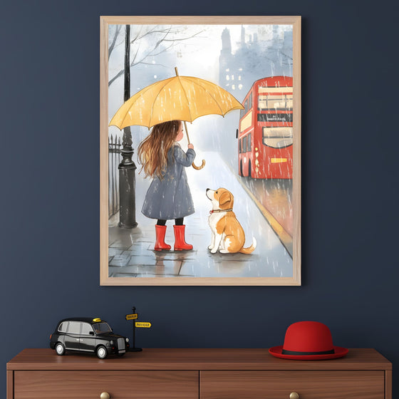 A framed illustration of a young girl in a navy coat and red rain boots holding a yellow umbrella while standing beside a dog in the rain, watching a red double-decker bus drive by. The scene evokes a rainy day in London and is displayed above a dresser with a toy black cab, a yellow street sign, and a red bowler hat.