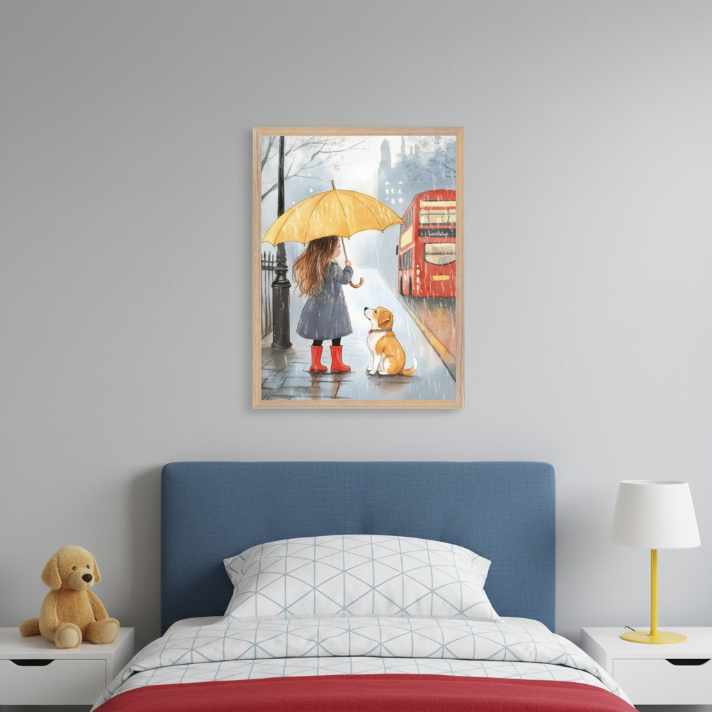 Kid's bedroom with a blue upholstered bed and two white nightstands. A framed watercolor art print hangs above the bed, featuring a girl with a yellow umbrella and a dog on a rainy London street with a double-decker bus.
