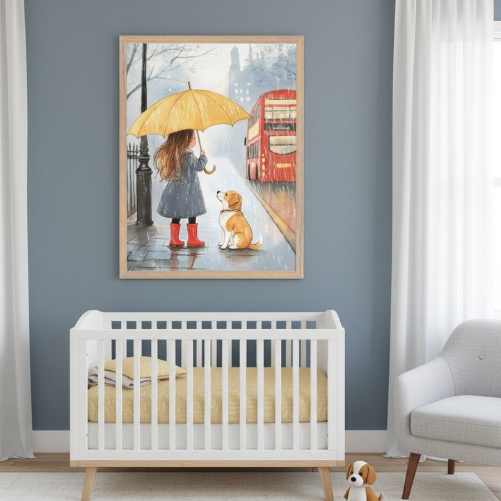 Modern nursery with a blue-gray wall. A large framed illustration of a girl with a yellow umbrella and a dog on a rainy street with a red bus hangs above a white crib with yellow bedding. A light gray armchair is to the right.