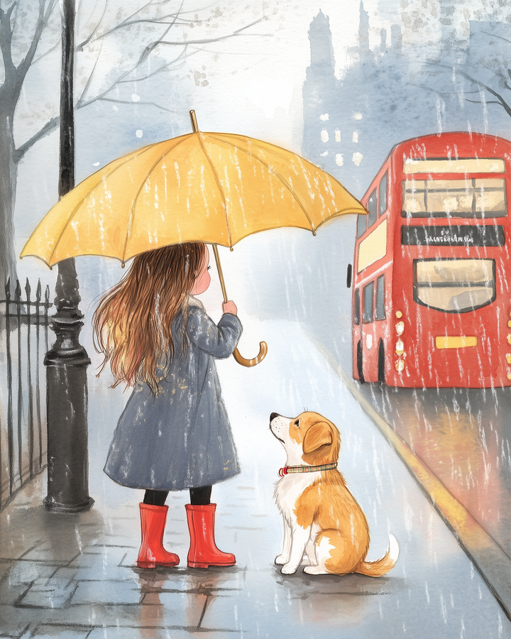 A young girl in a gray coat and red rain boots holds a bright yellow umbrella while waiting with her dog on a rainy city sidewalk as a red bus approaches.
