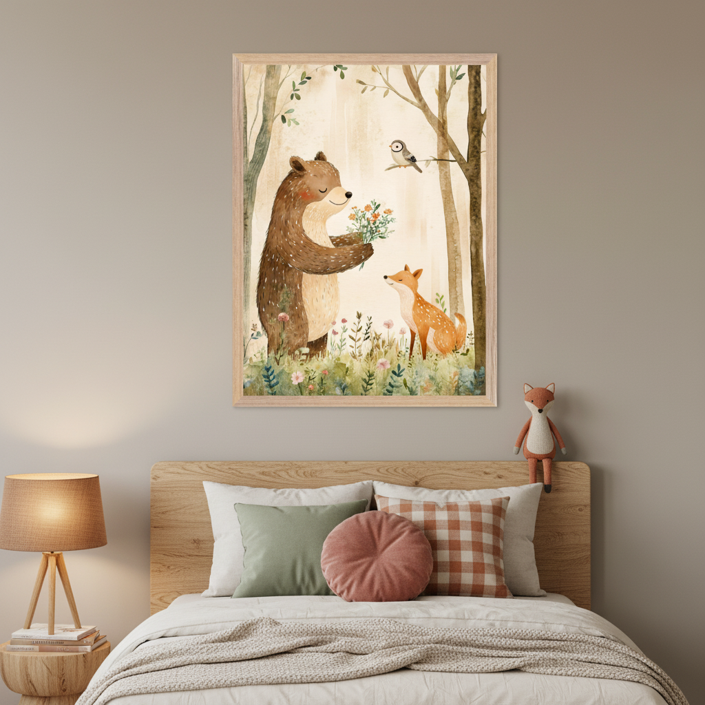 Kid's bedroom with a wooden bed. A framed watercolor illustration of a brown bear holding flowers for a fox in a forest, with a bird on a branch, hangs centered above the bed.