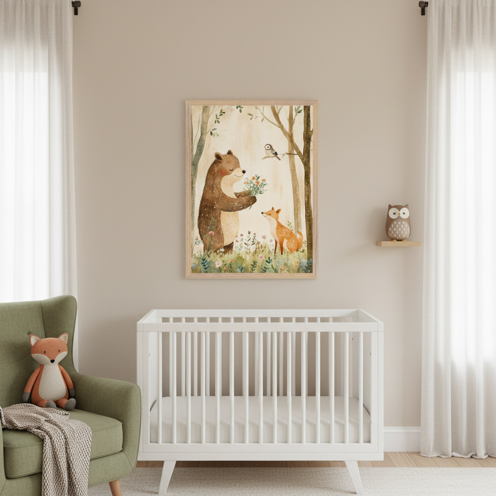 Modern nursery with a white crib and a green armchair. A framed watercolor illustration of a bear giving flowers to a fox in a forest hangs above the crib. A plush fox sits on the armchair; a small owl figurine rests on a shelf.