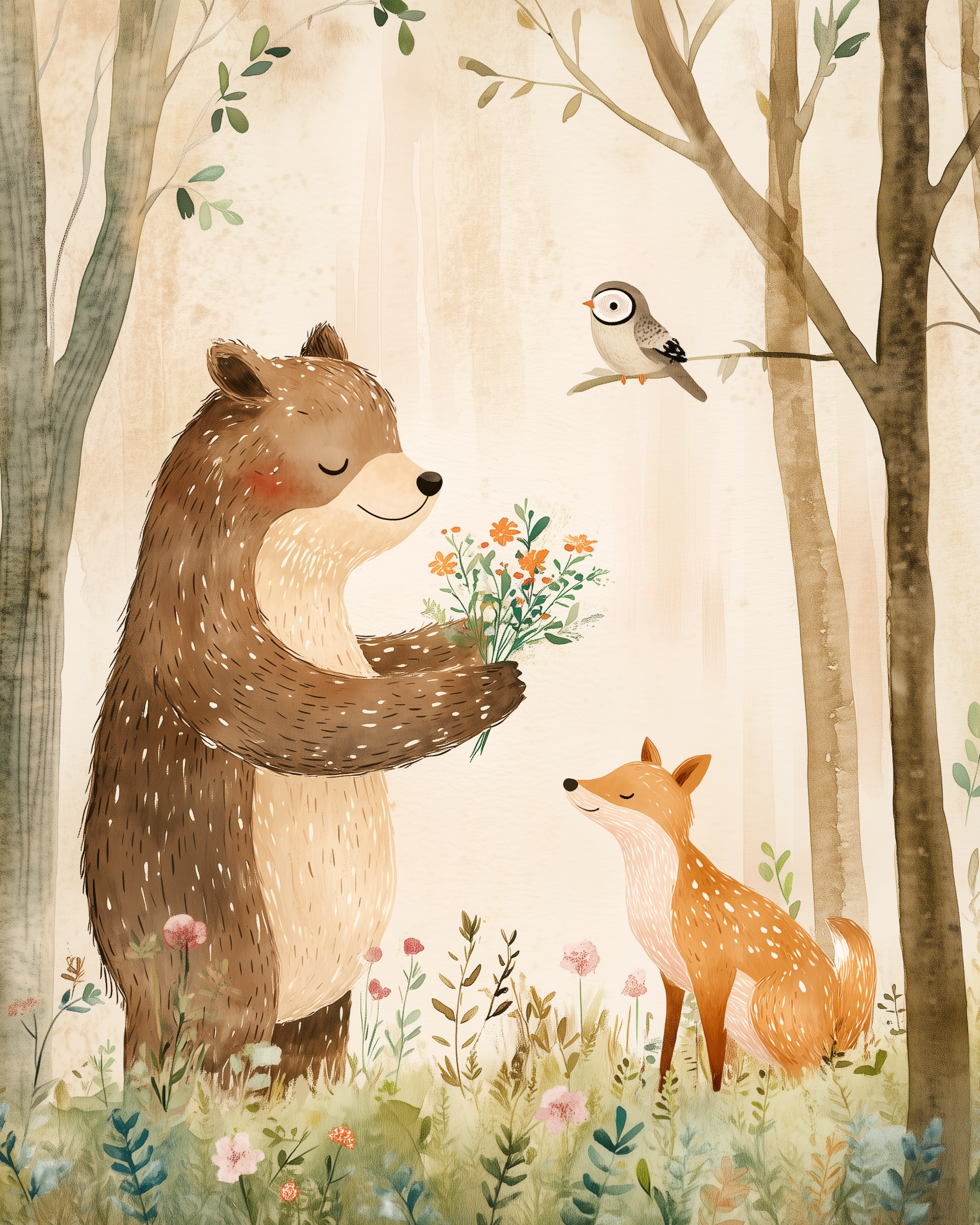 Woodland Friends Bear Wall Art for Nursery, Playroom or Kids Bedrooms - Forest Animals & Floral Decor - Floral Kindness
