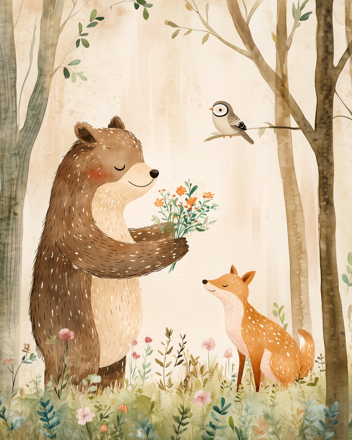 A smiling bear holds out a bunch of orange wildflowers to a graceful fox while a small bird observes from a tree branch above in a softly lit woodland scene.
