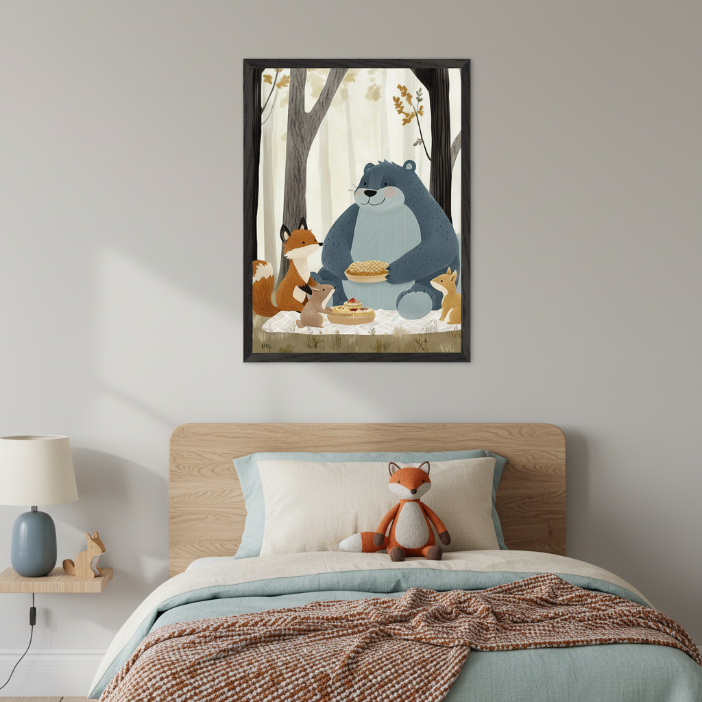 Kid's bedroom with a wooden bed, blue and cream bedding, and a fox plush. A large framed illustration of a blue bear and foxes picnicking in a forest hangs centrally above the bed.