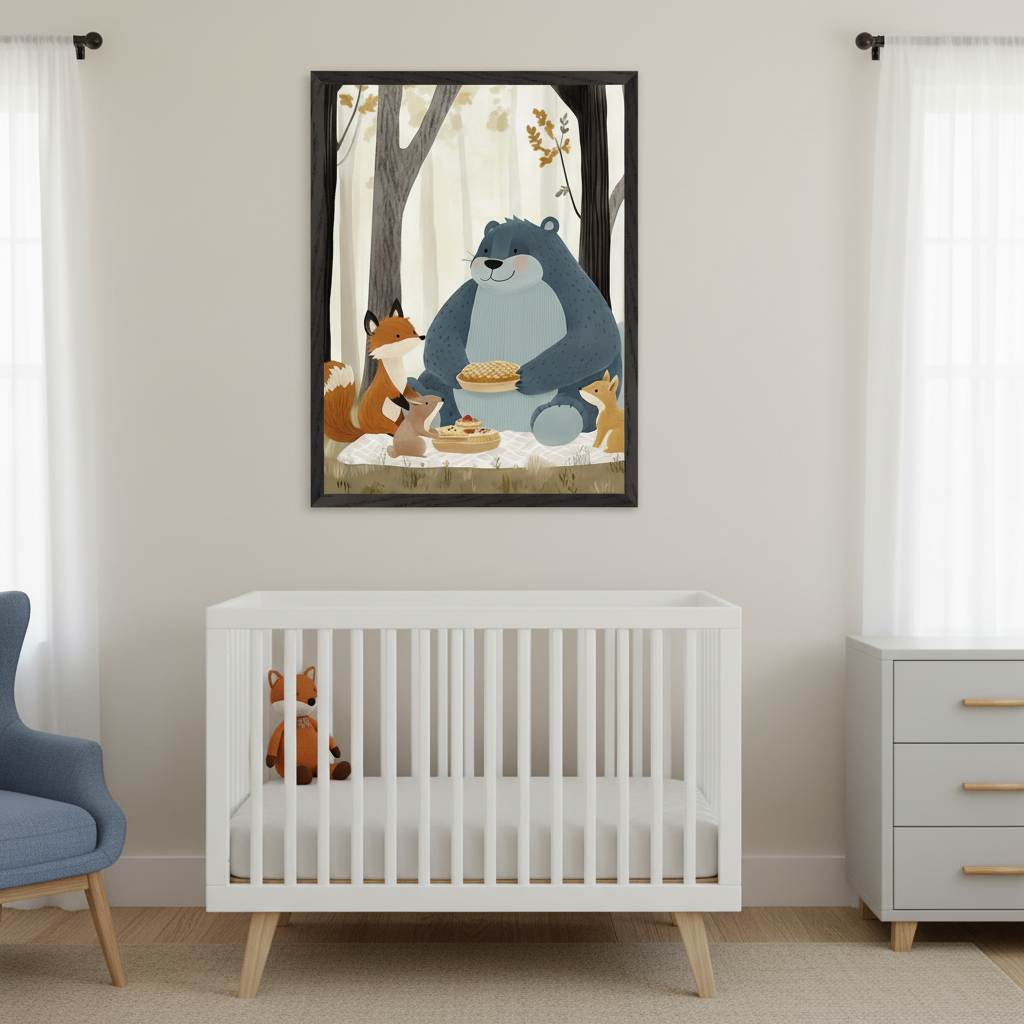 Modern nursery with a white crib, blue armchair, and gray dresser. A large framed print of a cartoon blue bear holding a pie with a fox and other small animals picnicking in a forest hangs above the crib.