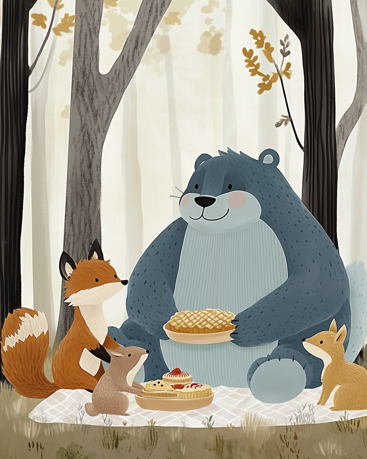 A cheerful blue bear holds a pie while sitting on a blanket with a fox, bunny, and squirrel, all gathered around a spread of fruit pies in a quiet forest.
