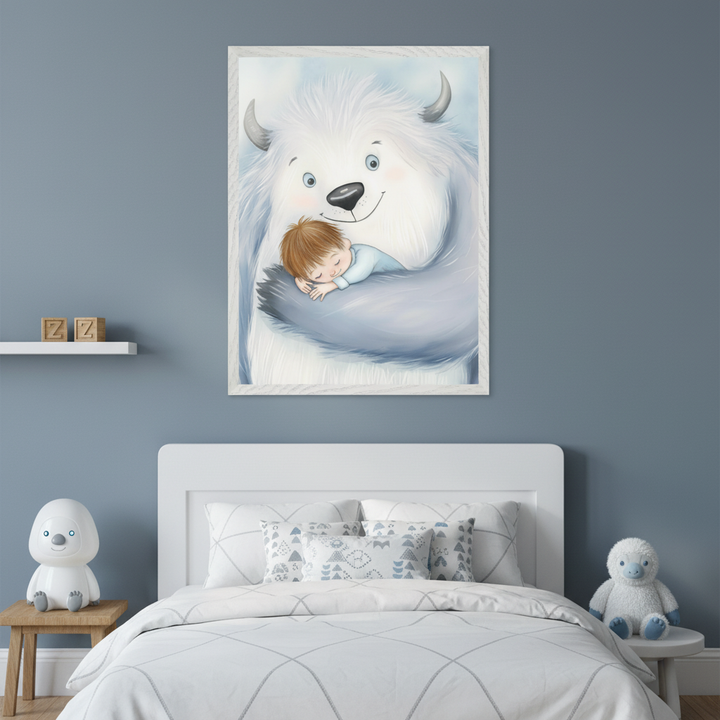 Kid's bedroom with a blue-gray wall. A large framed illustration of a friendly white Yeti-like monster cuddling a sleeping child hangs above a white bed with patterned pillows. A white Yeti lamp is on a wooden stool, and a plush Yeti toy is on a small white table. Wooden "ZZ" blocks are on a white shelf.