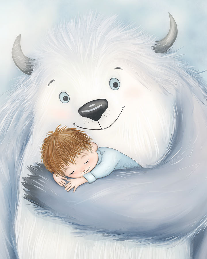 A gentle, smiling yeti wraps its soft, furry arms around a sleeping child dressed in blue pajamas, with a dreamy sky-blue background.

