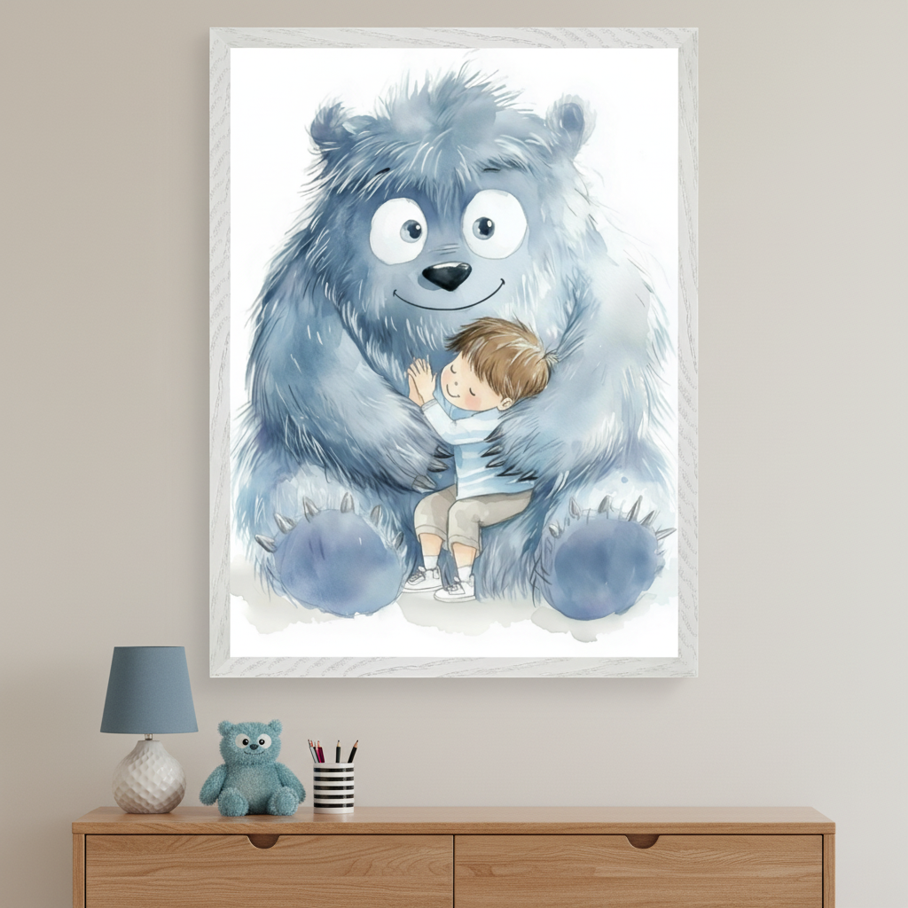 Kid's bedroom with a light wood dresser. A large framed watercolor print of a blue fluffy monster hugging a boy hangs centered above the dresser. A blue lamp, a small stuffed bear, and a pencil holder are on the dresser.