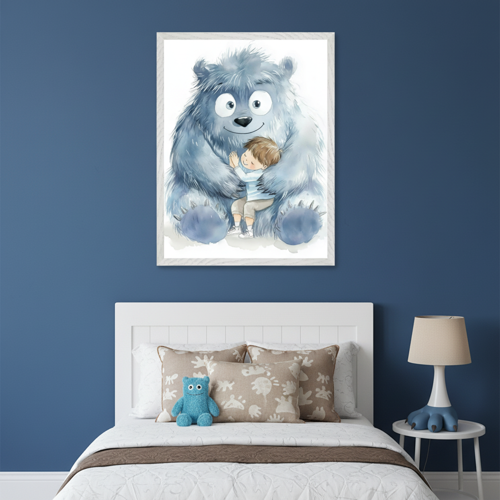 Kid's bedroom featuring a white bed against a blue wall. Above the bed hangs a framed watercolor art print of a blue furry monster hugging a boy. A small blue monster toy is on the bed, and a lamp with monster feet sits on a white side table.