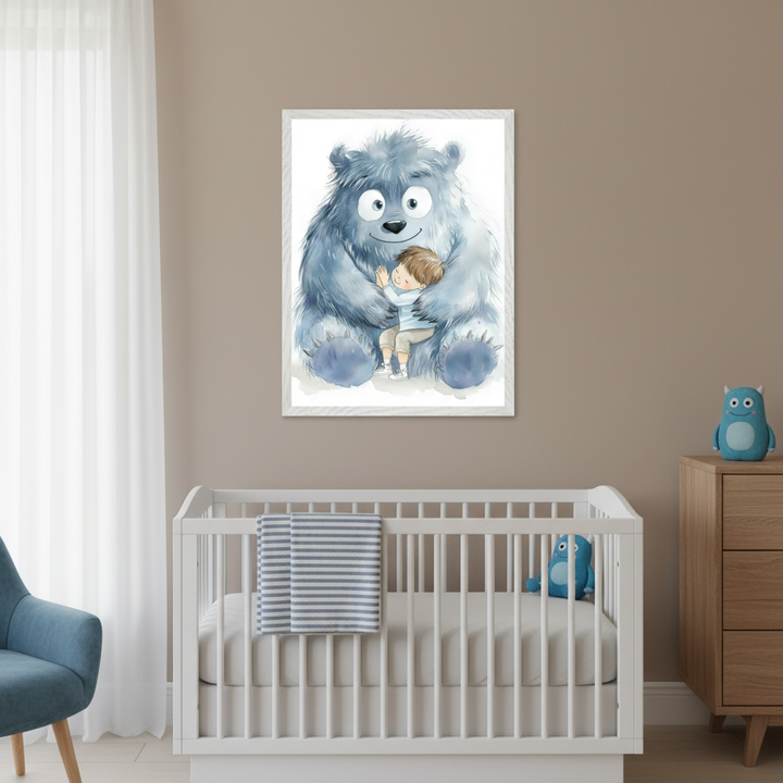 Modern nursery with a white crib, a blue armchair, and a wood dresser. A framed watercolor illustration of a large blue monster hugging a small boy hangs above the crib. A blue striped blanket is in the crib, and a blue monster toy is on the dresser.
