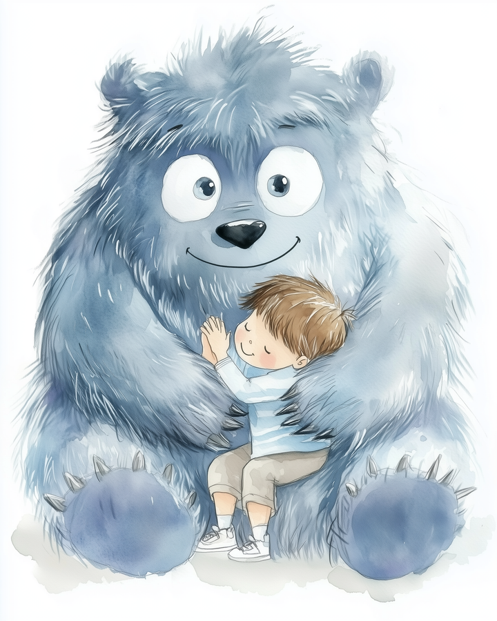 A wide-eyed, fluffy blue monster with clawed feet gently hugs a happy child in a striped shirt, both sitting close together in a soft, comforting scene.
