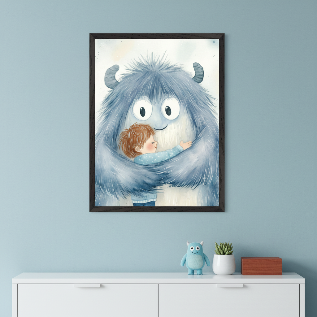 Modern kid's room with light blue walls. A large framed watercolor illustration of a blue furry monster hugging a small child hangs centered above a white dresser. A blue monster figurine, a succulent, and a wooden box are on the dresser.