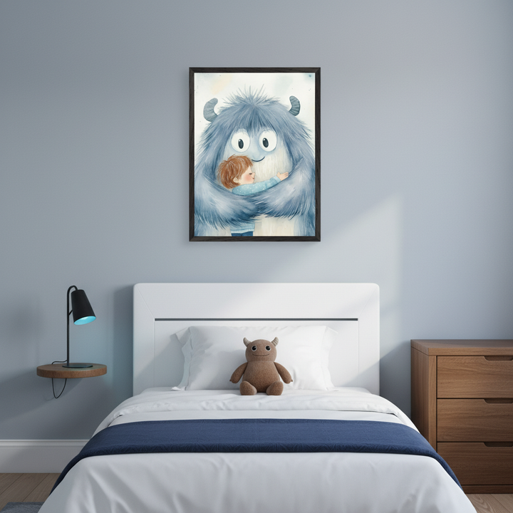 Kid's bedroom with a white bed, a small wooden nightstand with a black lamp, and a brown stuffed monster. Above the bed hangs a framed watercolor illustration of a large blue furry monster hugging a child. A three-drawer wooden dresser is on the right.