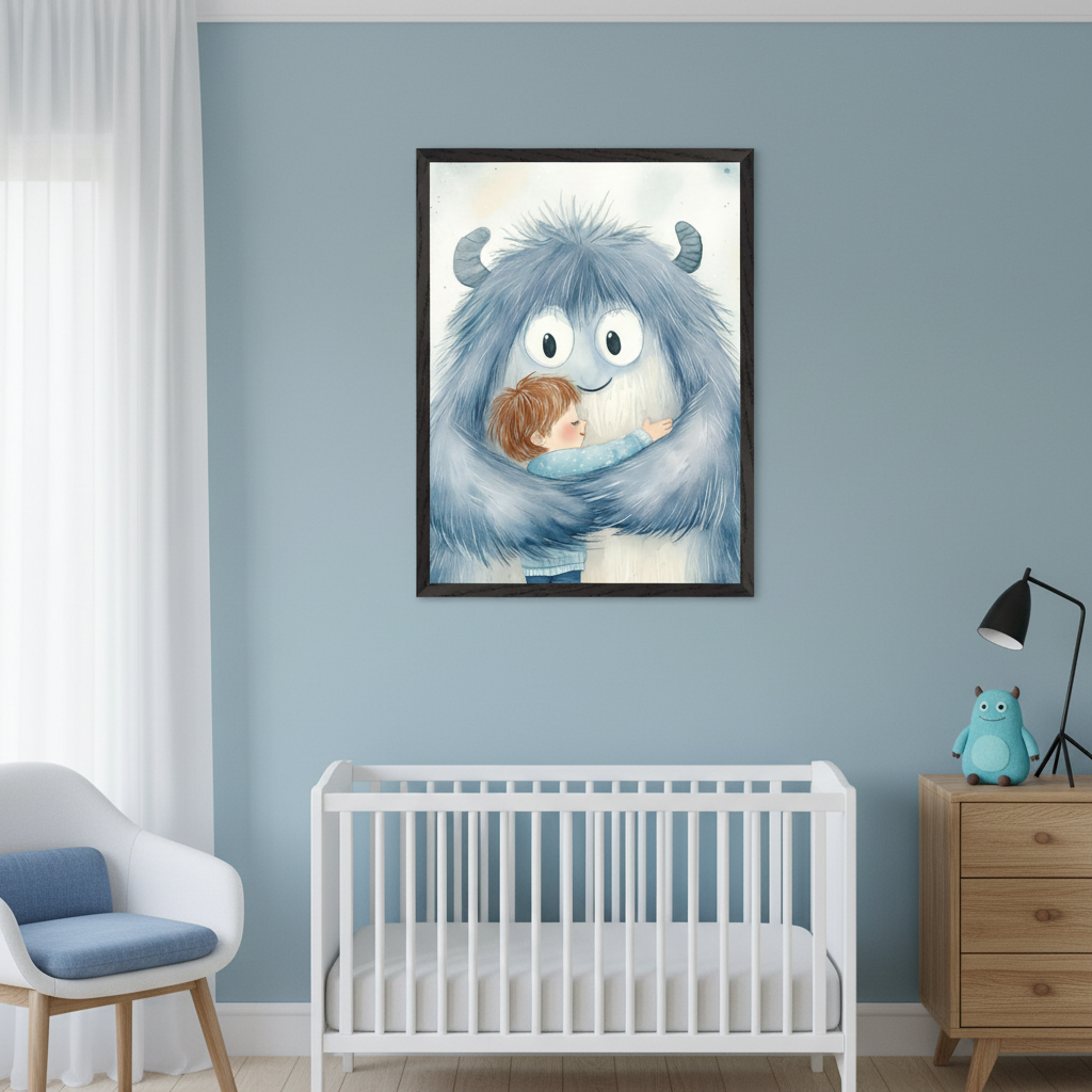 Modern nursery with a white crib, white armchair, and wooden dresser. A large framed watercolor print of a child hugging a friendly blue furry monster hangs on the light blue wall, above the crib.