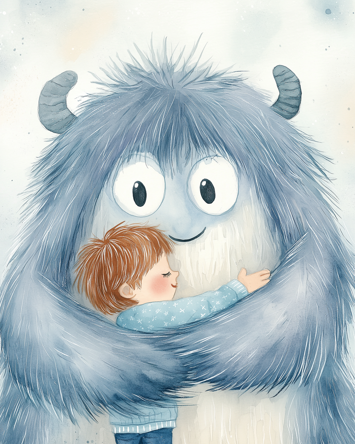 A joyful blue monster with small horns wraps its long furry arms around a red-haired child wearing a star-patterned sweater, both smiling with eyes closed.