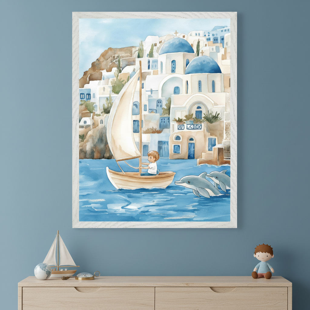 Kid's bedroom with a light blue wall. A framed watercolor painting featuring a boy in a sailboat, two dolphins, and a white and blue Greek-style village hangs above a light wood dresser. A toy sailboat, globe, compass, and doll sit on the dresser.