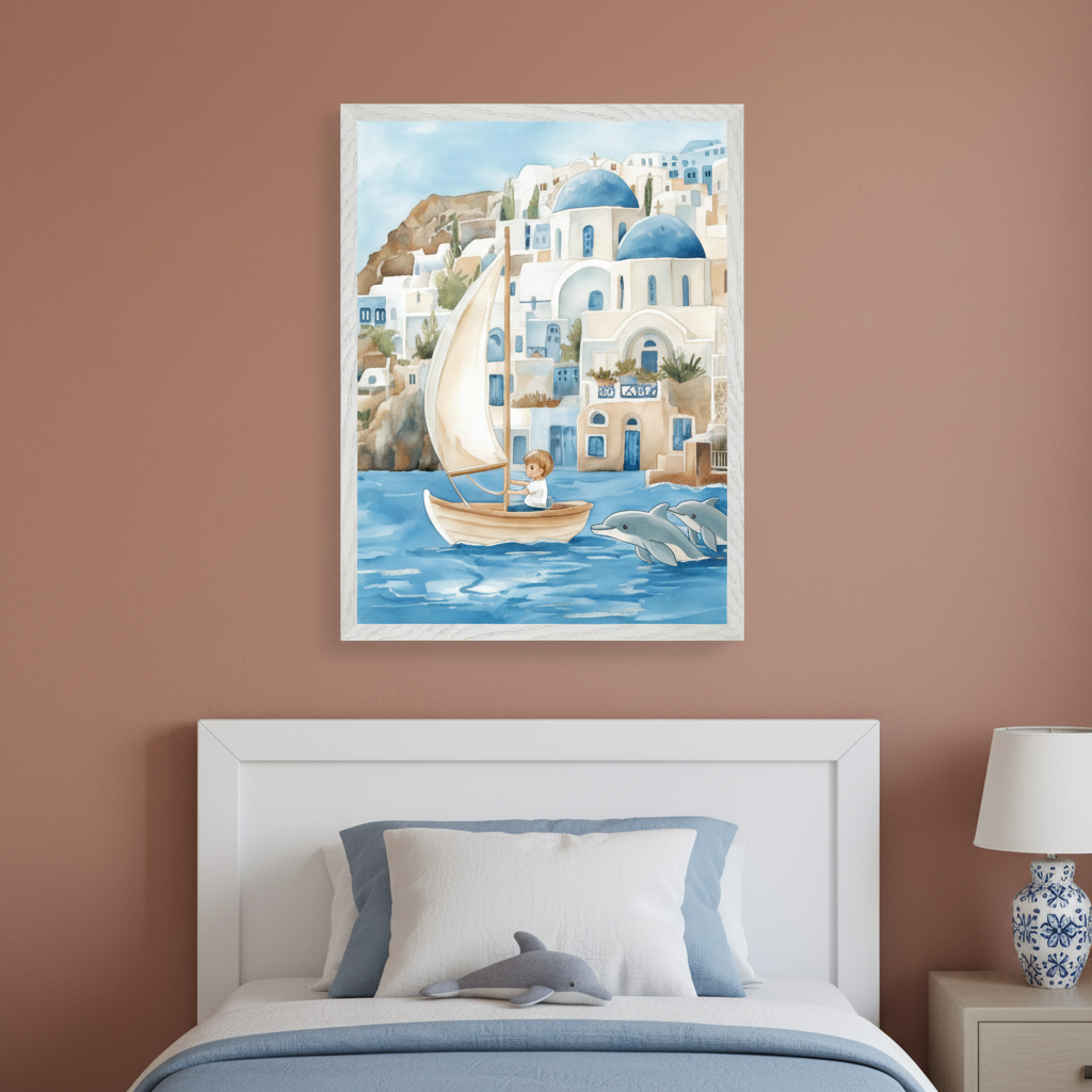 Kid's bedroom with a white bed headboard. A watercolor painting of a boy in a sailboat with dolphins and a coastal town hangs centered above the bed.
