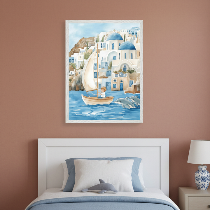 Kid's bedroom with a white bed headboard. A watercolor painting of a boy in a sailboat with dolphins and a coastal town hangs centered above the bed.