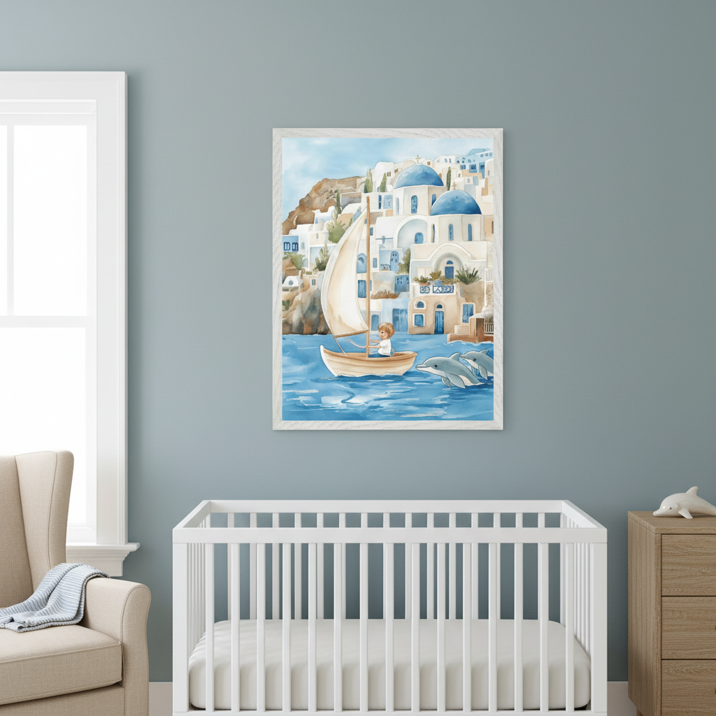 Nursery with a white crib, beige armchair, and wood dresser. A framed watercolor painting of a boy sailing with dolphins in front of white and blue domed buildings hangs above the crib.